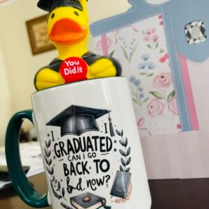 personalized/ graduation coffee mug white with green handle with grad.duck with cap
